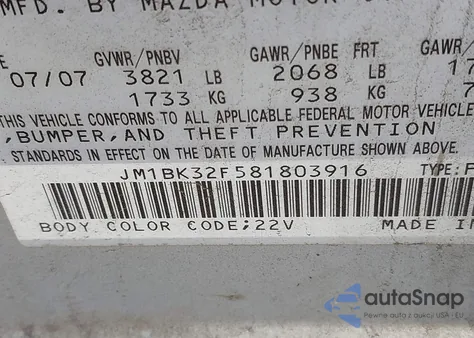 2008 Mazda Mazda3 I from USA, damaged, VIN JM1BK32F581803916